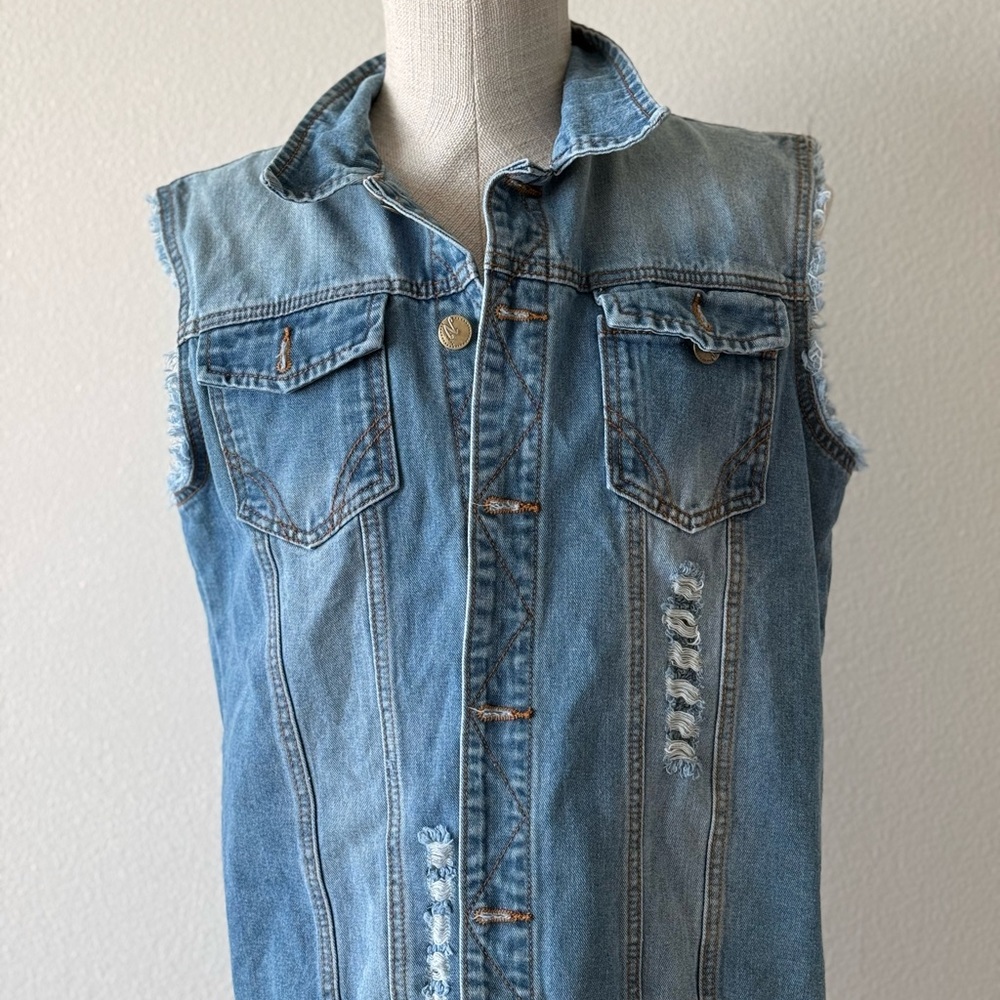 Denim Sleeveless Vest with Distressed Details
